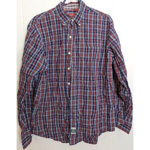 IZOD Heritage Tartan Dress‎ Shirt Mens Medium M Red Blue Plaid Button Down Up